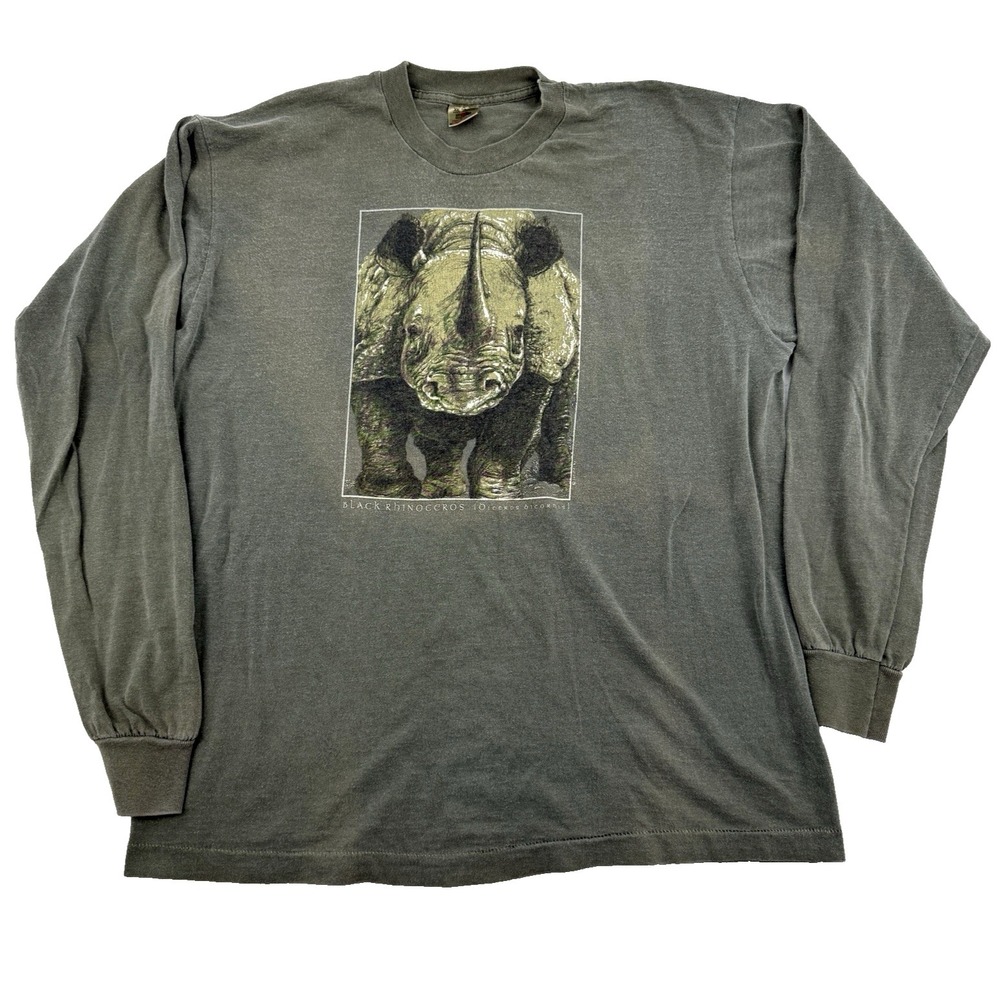 VTG 90s Black Rhinoceros Rhino Nature Long Sleeve Shirt Sz XL USA Made FOTL